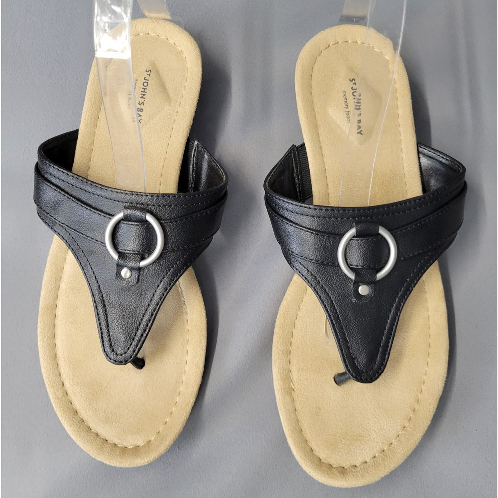 St. Johns Bay Zander Sandals Womens 9.5M Black Flip-Flops Thong Low Wedge